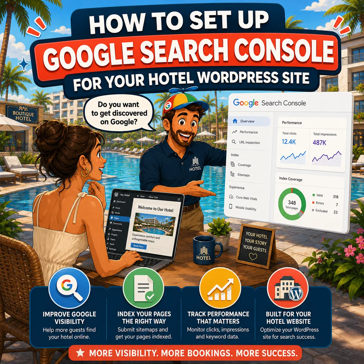 Illustration of a hotel owner working on her WordPress website while being introduced to Google Search Console.