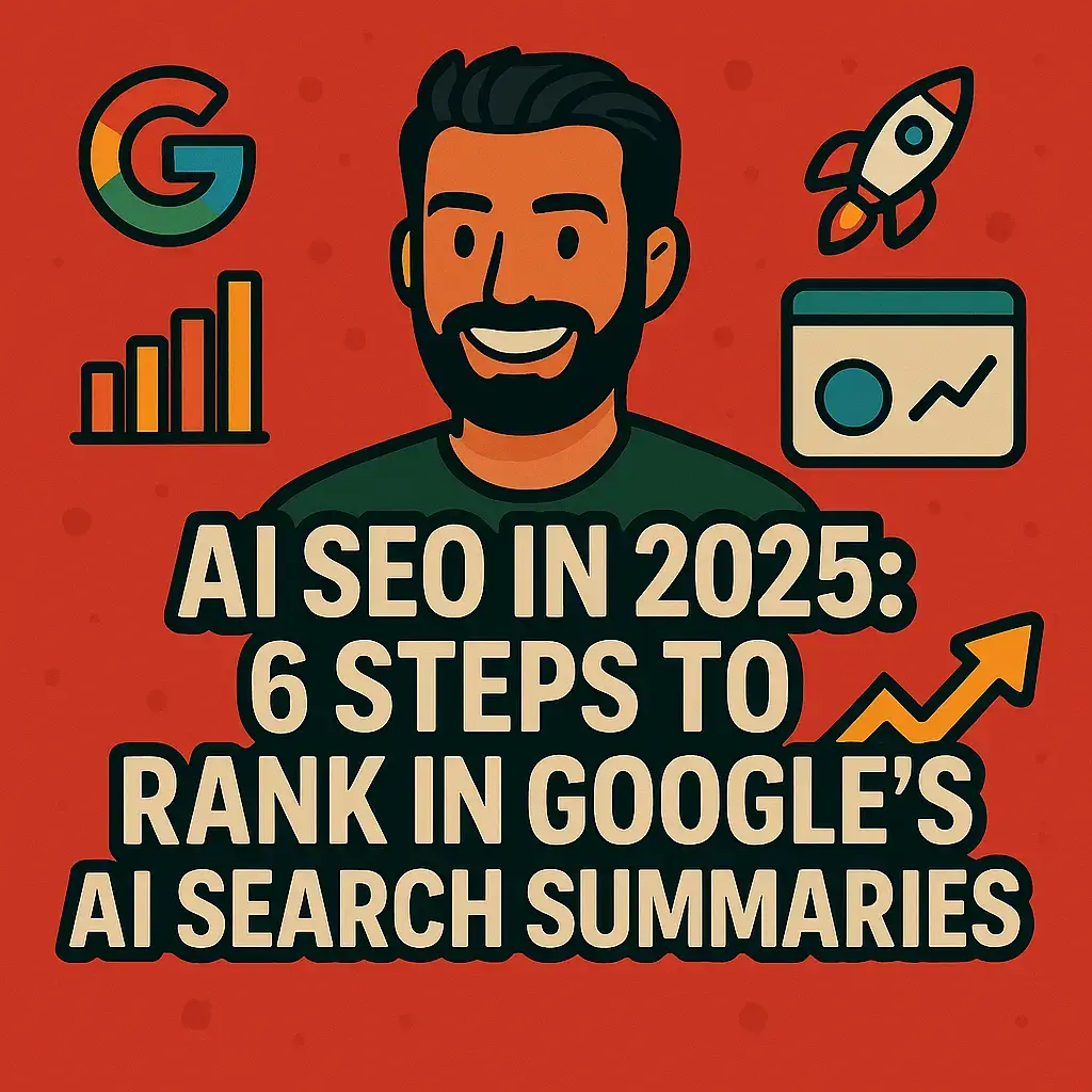 Hero image for SEO blog article with cartoon-style bearded man, red background, and bold title text: 'Master SEO Blog Writing – 7 Proven Steps to Rank on Google and Keep Readers Engaged', featuring Google, rocket, and search icons.