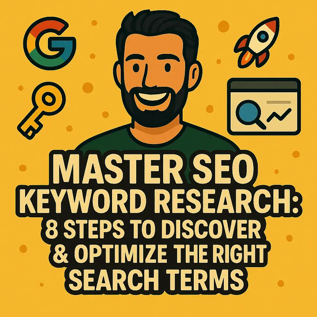 Illustration of SEO keyword research process with visual elements showing search queries, search intent, Google tools like Autocomplete and Trends, and optimization steps — hero image for blog post on how to find and use the right keywords for SEO.