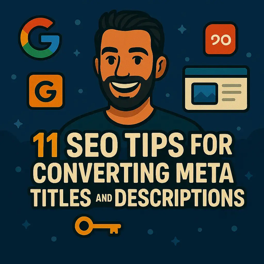 Illustration showing the blog title '11 SEO Tips for Converting Meta Titles and Descriptions' with icons like a search magnifier, title tag, and analytics chart. Designed to highlight SEO best practices for writing effective meta titles and descriptions.
