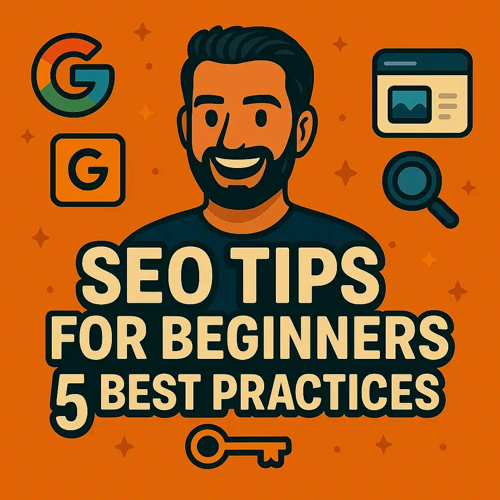Digital illustration promoting beginner SEO tips, featuring a smiling man with SEO-related icons and text '5 SEO Best Practices for Beginners' — ideal for articles on how to get started with SEO using Google Search Console, keyword placement, and AI tools.