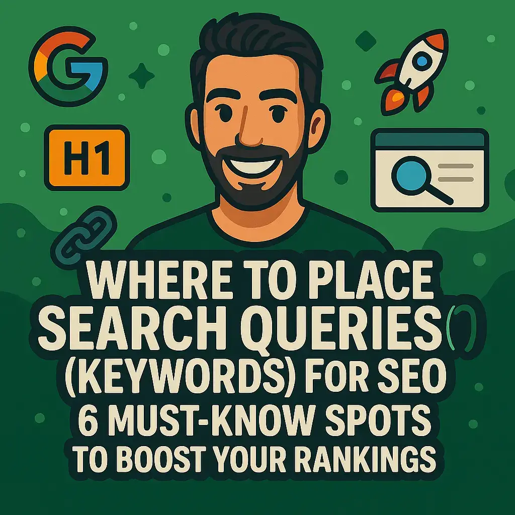 Illustration of Where to Place Search Queries for SEO: 6 Key Spots for Better Rankings – icons representing SEO, Google, H1, URL, keywords, and optimization