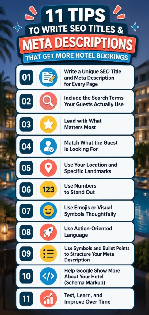 Vertical infographic showing 11 tips to improve hotel SEO titles and meta descriptions for more visibility, clicks, and direct bookings from Google.