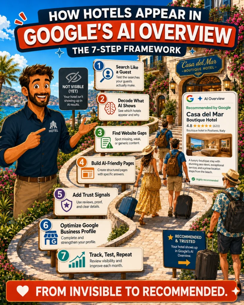 7-step framework showing how hotels can appear in Google’s AI Overview by testing guest searches, improving website content, adding trust signals, optimizing Google Business Profile, and tracking AI visibility.