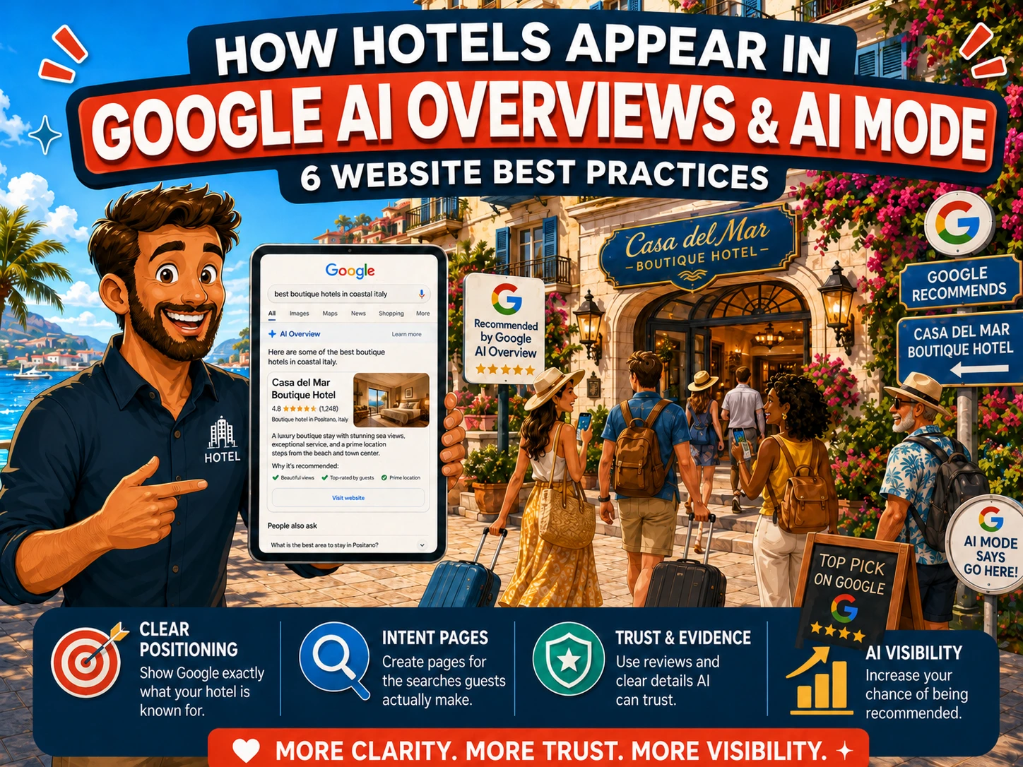 Illustration showing how hotels can appear in Google AI Overviews and AI Mode through clear positioning, intent pages, trust signals, and AI-friendly hotel website content.