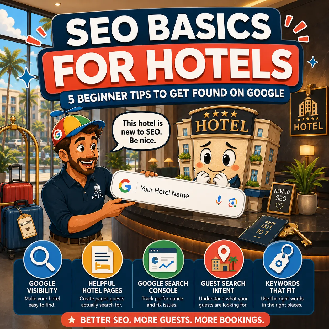 Illustration showing SEO basics for hotels, with a hotel being introduced to Google search and beginner tips to get found on Google.