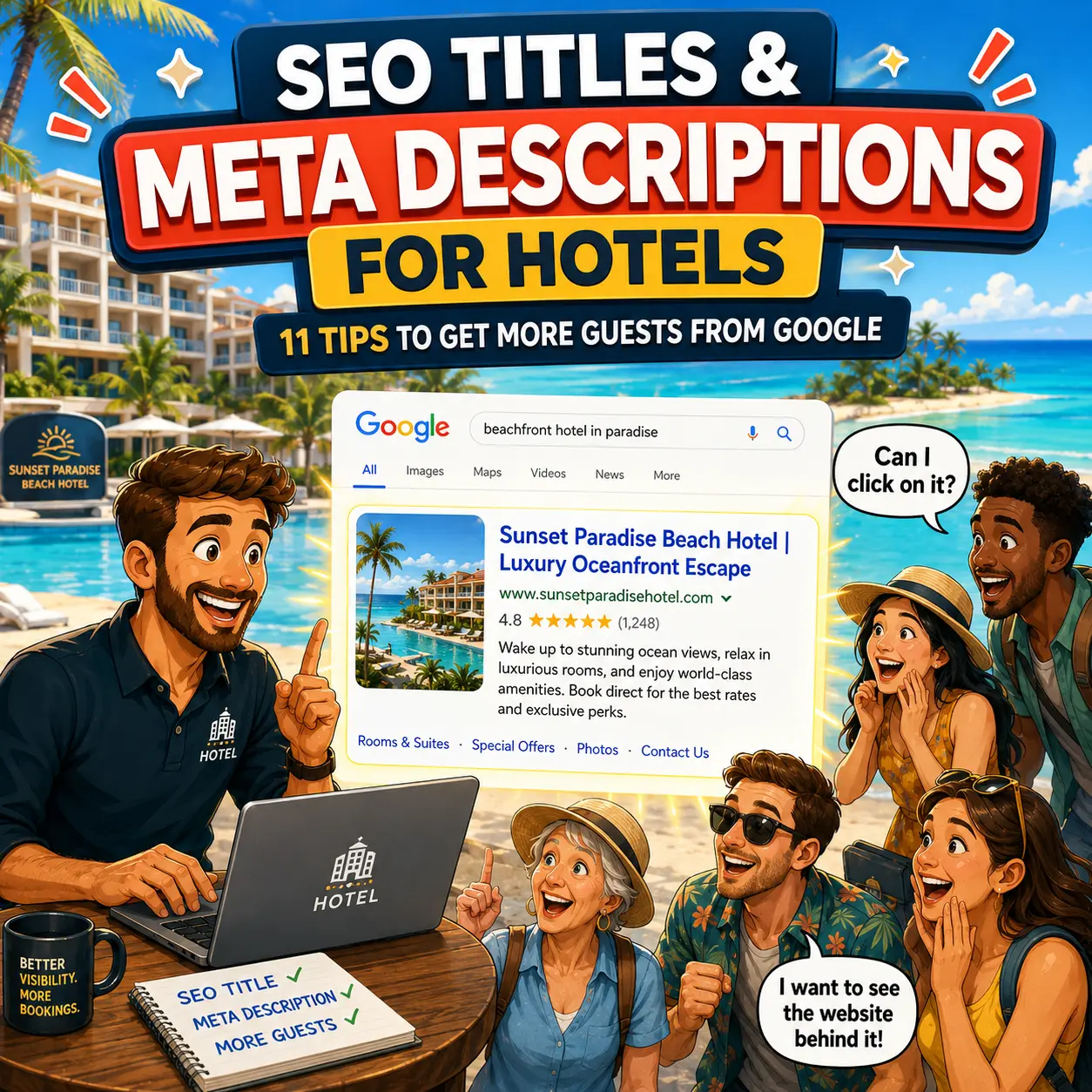 Illustration of a hotel marketing expert creating SEO titles and meta descriptions that attract diverse travelers to click a Google search result for a beach hotel.