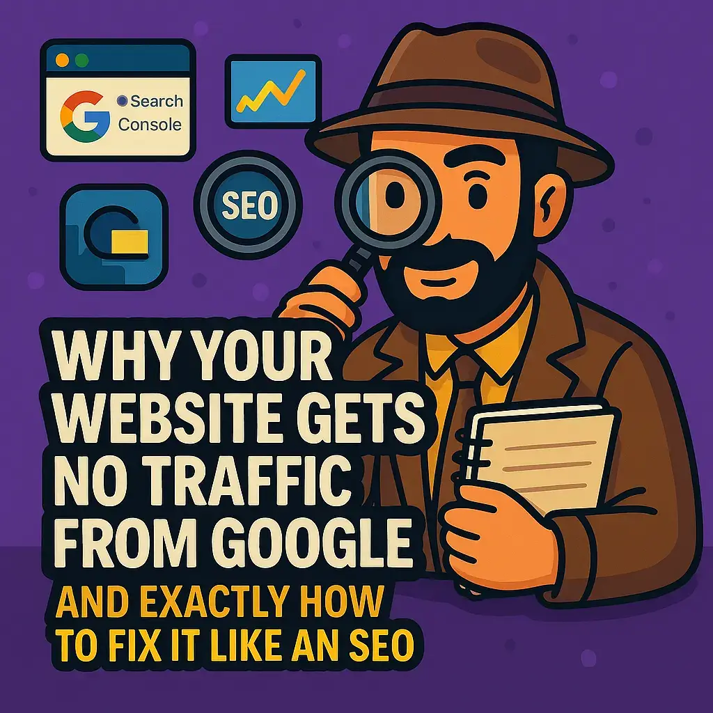Cartoon-style illustration of an inspector analyzing website traffic and SEO data, with a purple background and bold title 'Why Your Website Gets No Traffic from Google — And Exactly How to Fix It like a SEO', highlighting key concepts like Google Search Console, indexing, impressions, CTR and keyword optimization.