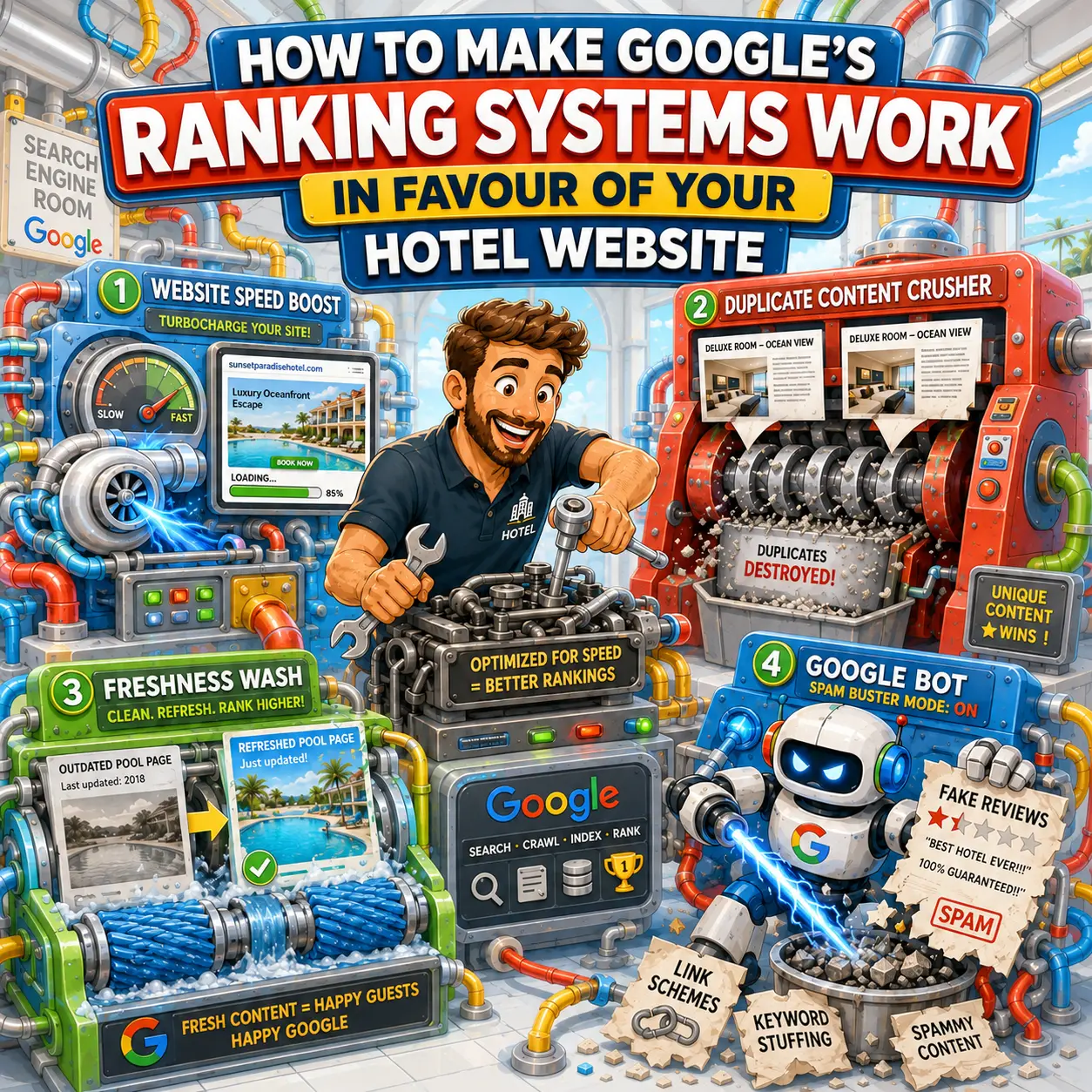 Illustration of a hotel SEO expert in Google’s search engine room improving hotel website speed, removing duplicate content, refreshing outdated pages, and avoiding spam signals.