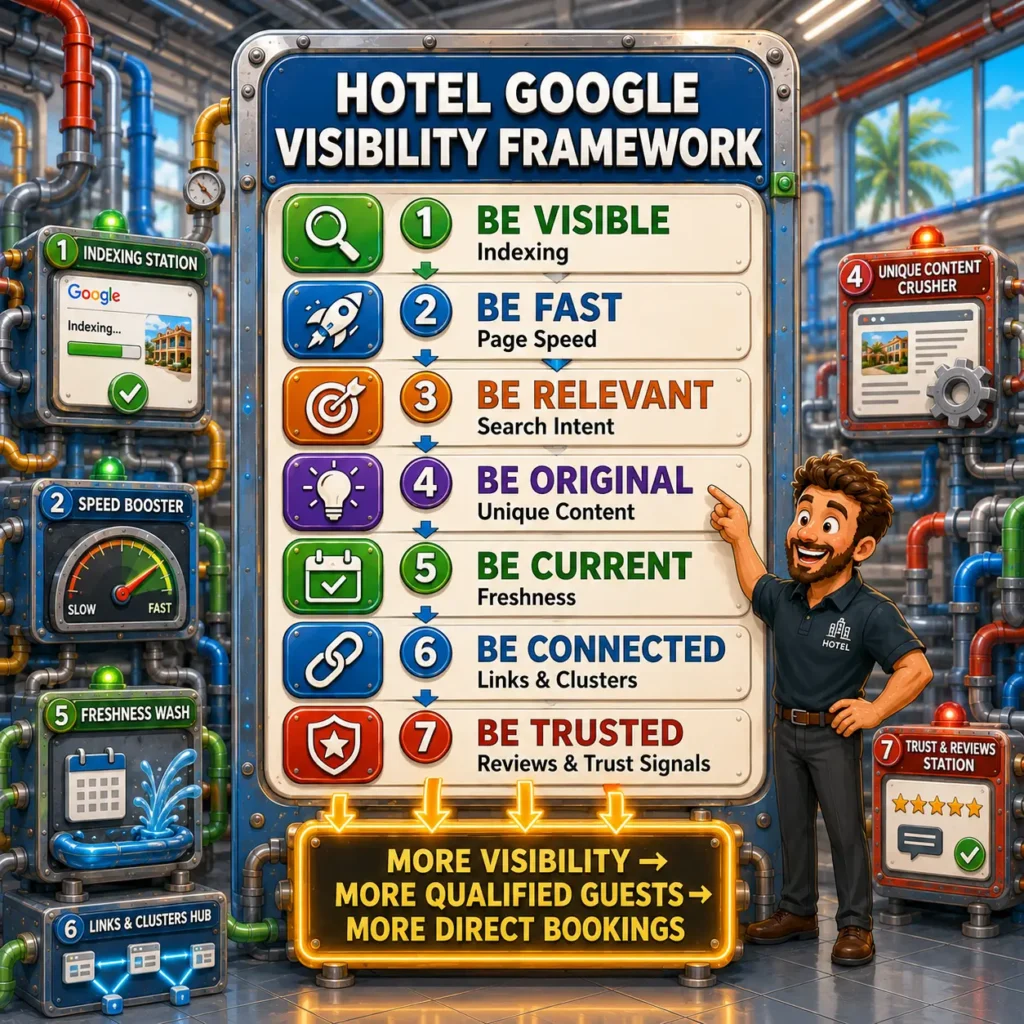 Hotel Google Visibility Framework showing seven steps to improve hotel SEO, including indexing, page speed, search intent, unique content, freshness, internal links, and trust signals.