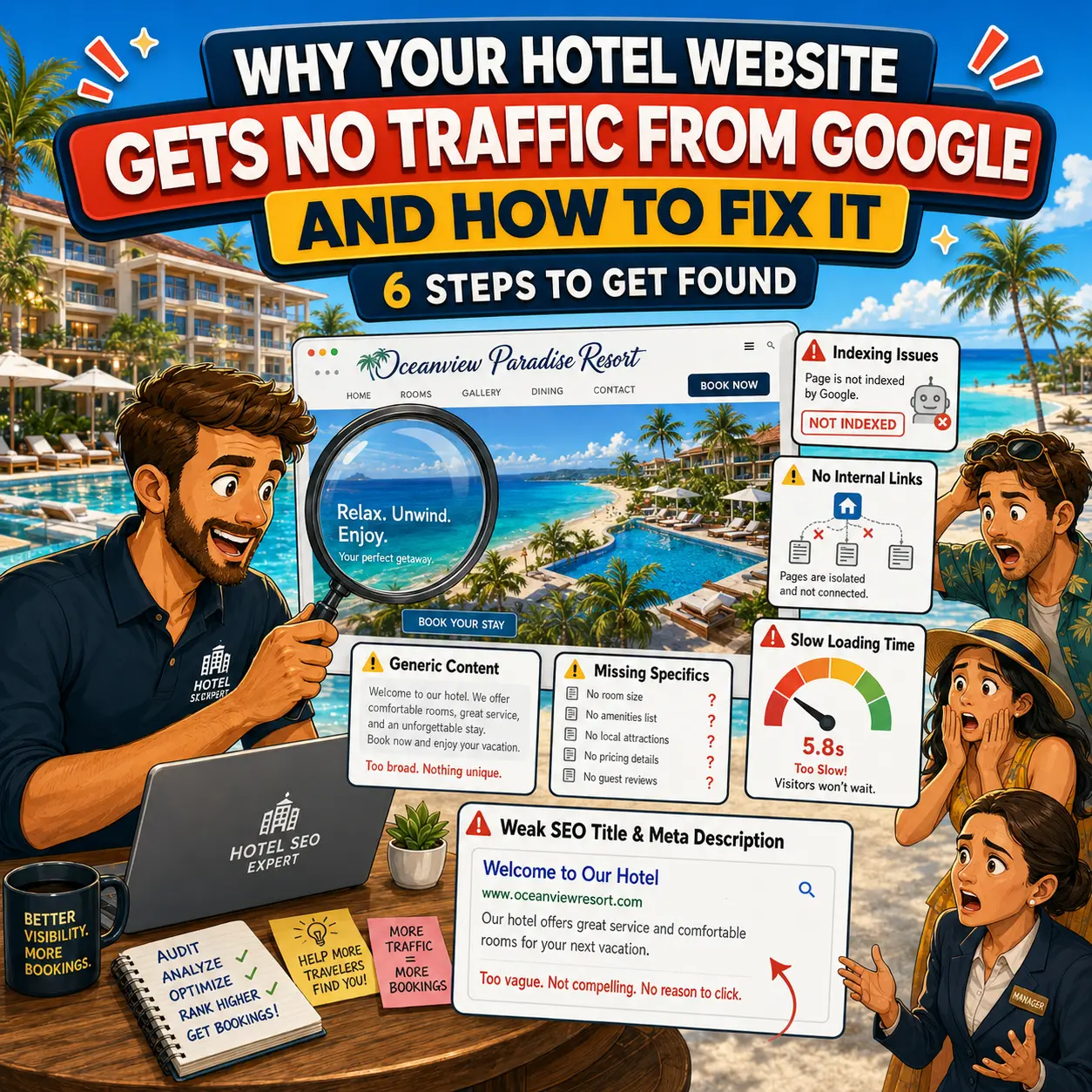 Hotel SEO expert inspecting a beach hotel website and finding indexing issues, weak content, missing internal links, slow loading time, and poor SEO titles.
