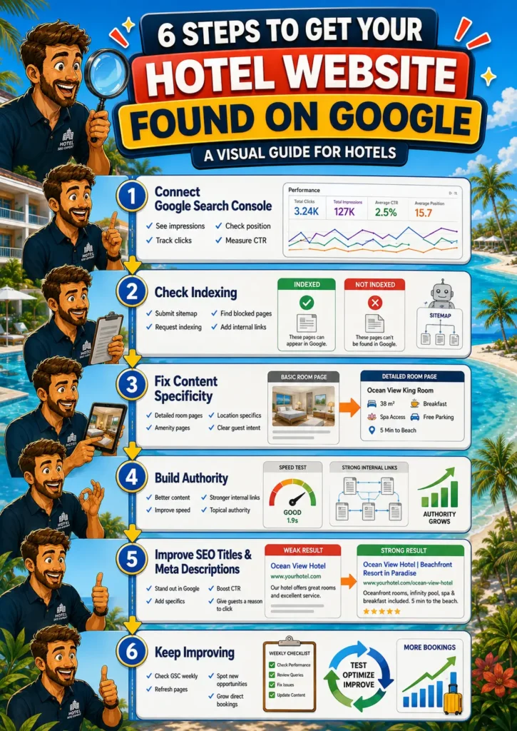 Six-step hotel SEO framework showing how to get a hotel website found on Google through Search Console, indexing, specific content, authority, SEO titles, and ongoing improvement.