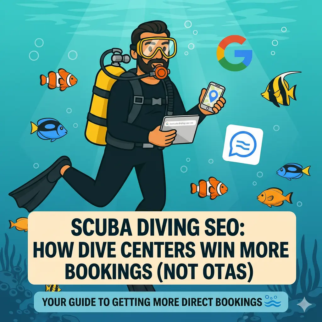 Scuba diver with smartphone, Google, and ChatGPT logos underwater, illustrating "Scuba Diving SEO: How Dive Centers Win More Bookings (Not OTAs)" to help dive centers improve Google ranking and get direct bookings.