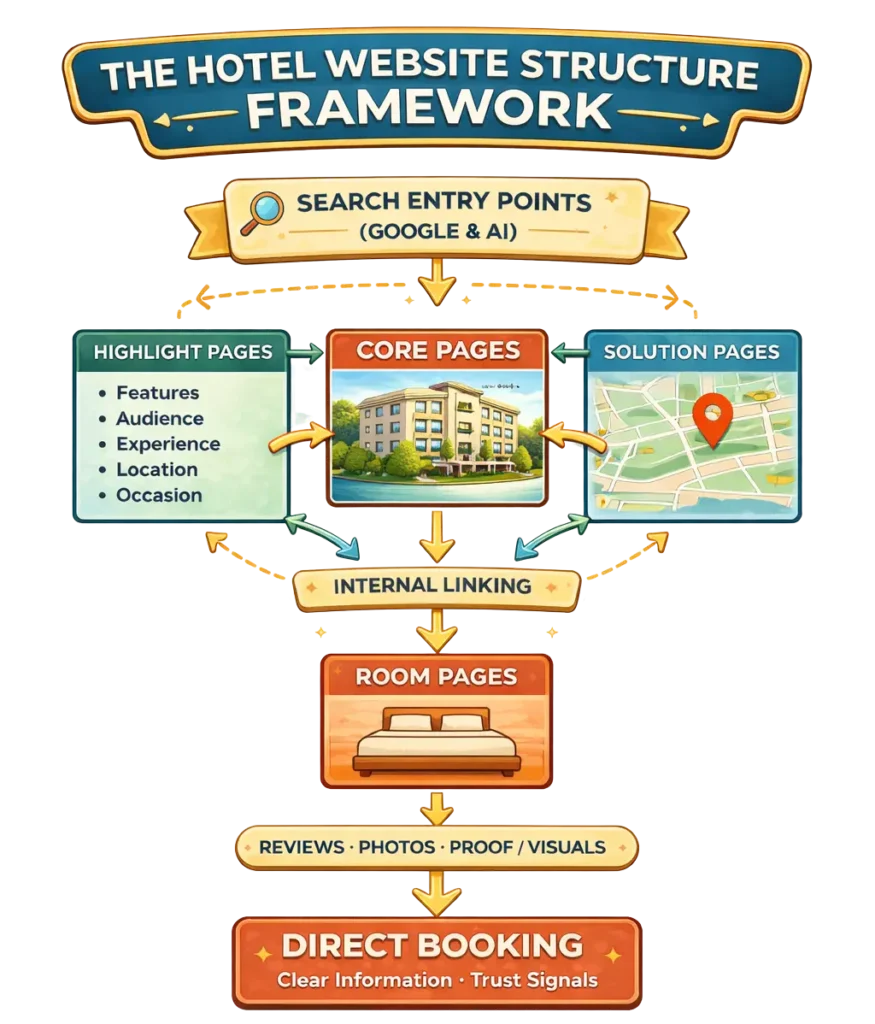 Clean infographic of a hotel website structure framework showing homepage, room pages, and supporting pages designed for SEO, AI visibility, and increasing direct bookings.