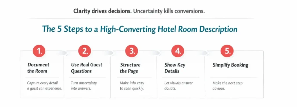 Five steps to create a high-converting hotel room description including documentation, guest feedback, structure, visuals, and booking
