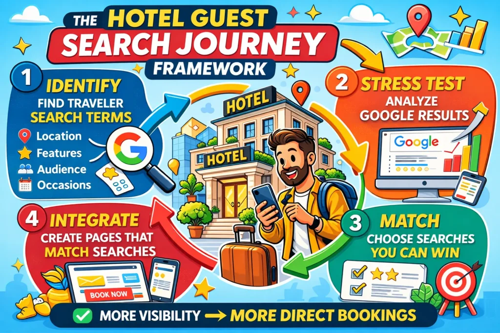 Hotel guest search journey framework showing how travelers find hotels online through search terms, Google results, and SEO strategies to increase direct bookings.