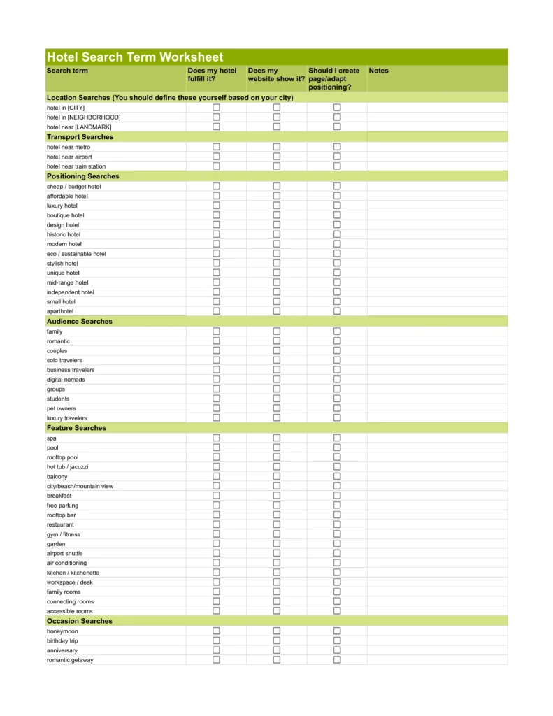 Hotel search term worksheet with categories like location, audience, features and positioning to help hotels identify SEO opportunities and content gaps