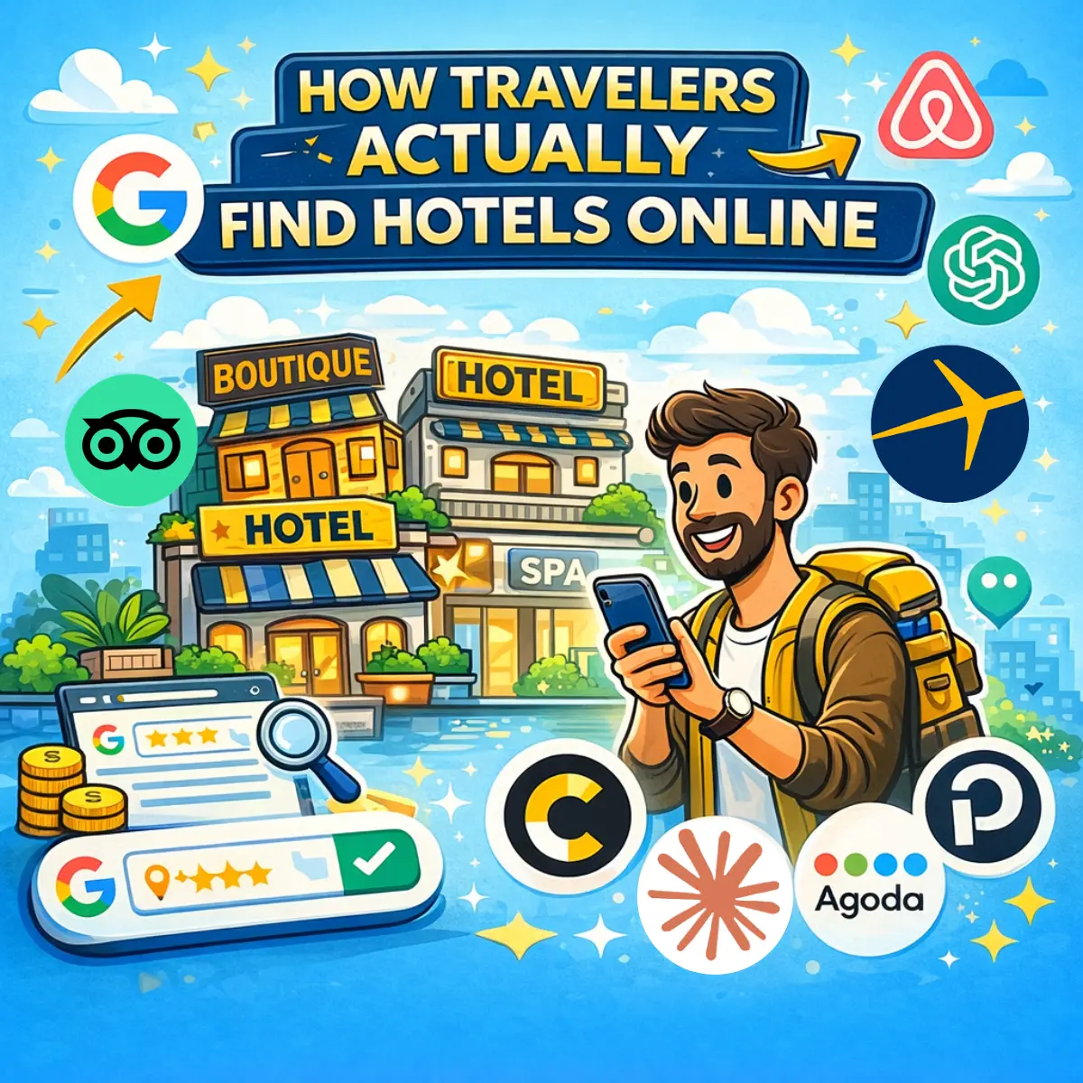 Illustration of a traveler searching for hotels on a smartphone in front of boutique hotels, showing how travelers find hotels online using Google and AI search platforms as part of a hotel SEO strategy to increase direct bookings.