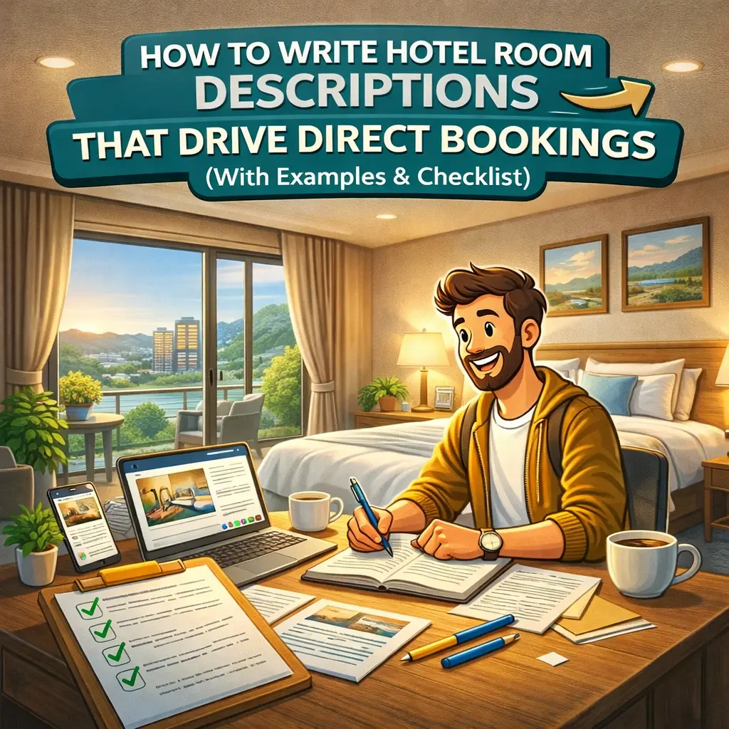 Illustration of a traveler sitting in a hotel room writing on a laptop, representing how to write hotel room descriptions that drive direct bookings by reducing uncertainty, improving hotel SEO, and increasing visibility in Google and AI search