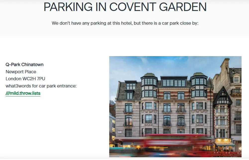 Hotel parking information page for The Resident Covent Garden London showing nearby car park details, optimized for searches like hotel with parking Covent Garden.