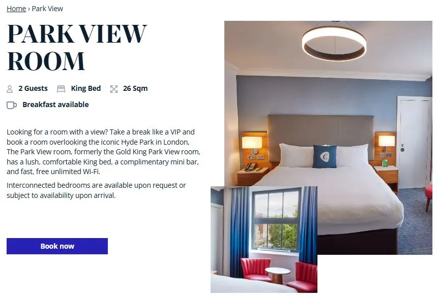 Park View Room page at The Cumberland Hotel Hyde Park London showing room with park view, optimized for searches like hotel with view Hyde Park London.
