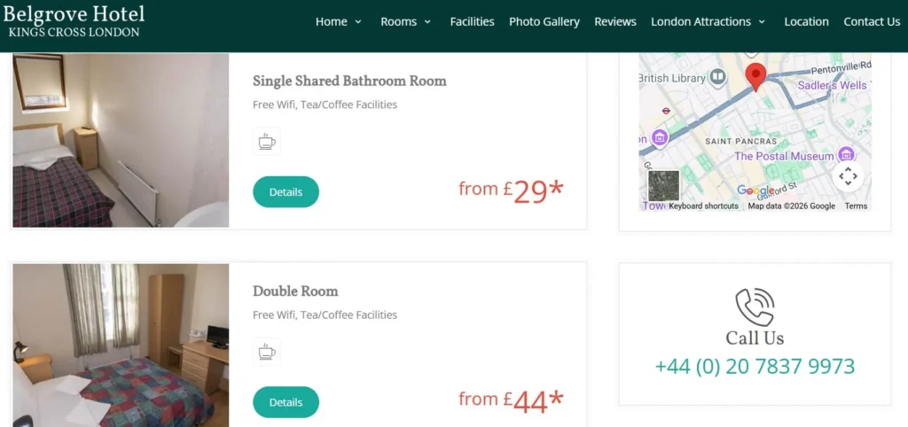 Belgrove Hotel room overview page showing clear room categories, pricing, and differences between room types