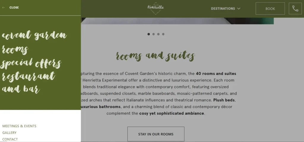 Henrietta Experimental hotel rooms page highlighting key strengths and focused positioning in design and messaging