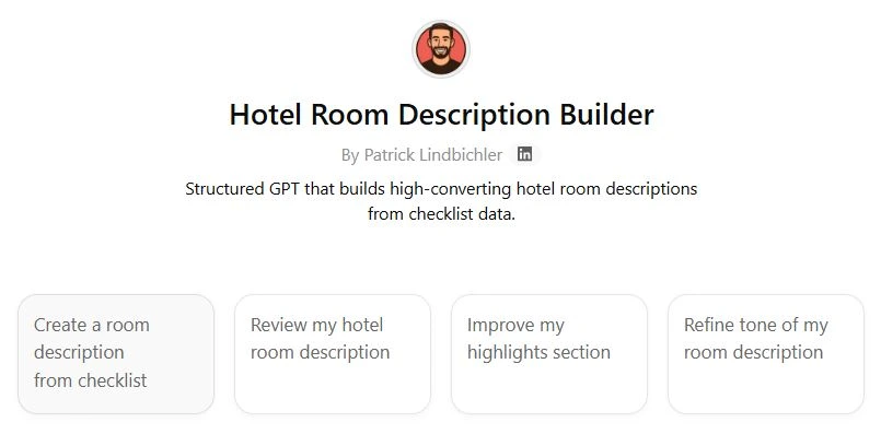 AI hotel room description builder tool that creates high-converting room descriptions from checklist data