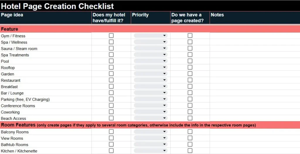 Hotel website page creation checklist for SEO and direct bookings including features, room pages, and prioritization