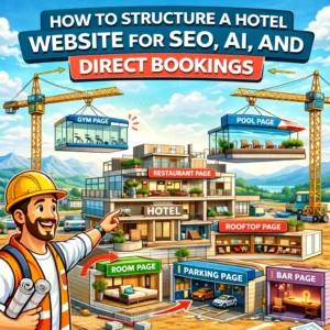 Illustration of hotel website structure with pages like rooms, spa, parking and rooftop being assembled, showing how to optimise a hotel website for SEO, AI and direct bookings