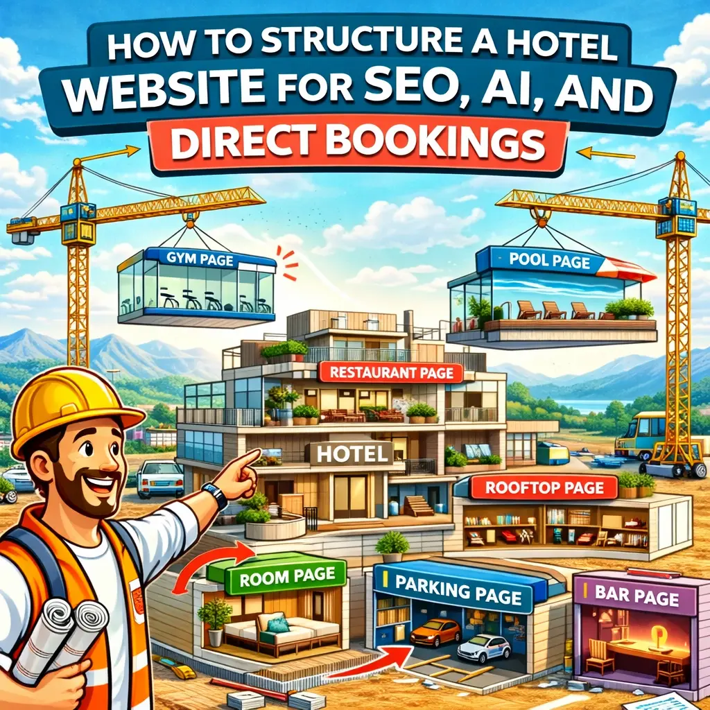 Illustration of hotel website structure with pages like rooms, spa, parking and rooftop being assembled, showing how to optimise a hotel website for SEO, AI and direct bookings