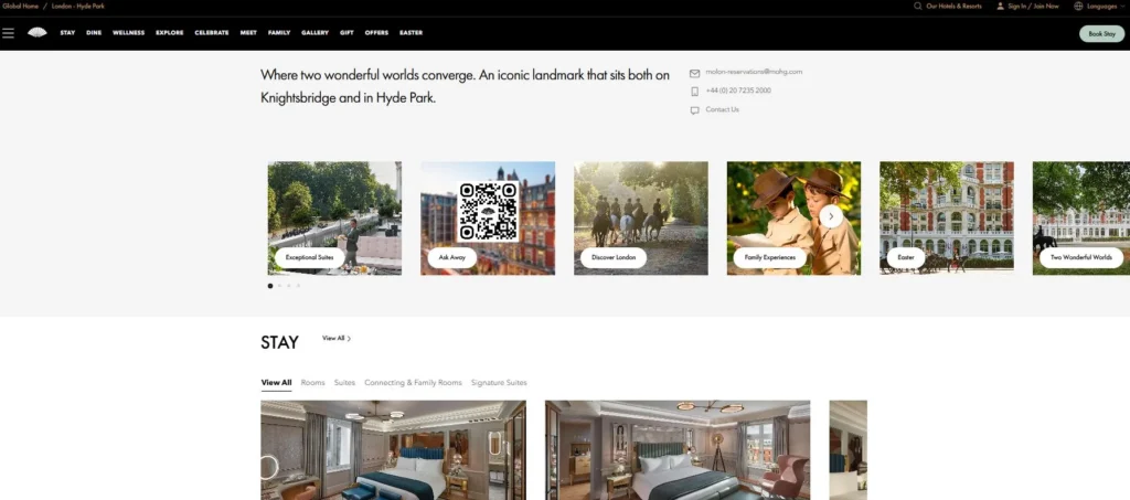 Mandarin Oriental London homepage showcasing luxury hotel experience, clear messaging, and detailed information for guests