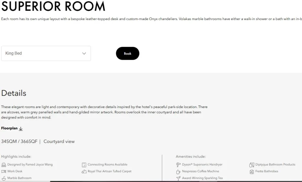 Luxury hotel room description at Mandarin Oriental London featuring premium amenities like Dyson hairdryer, Diptyque toiletries, and courtyard view