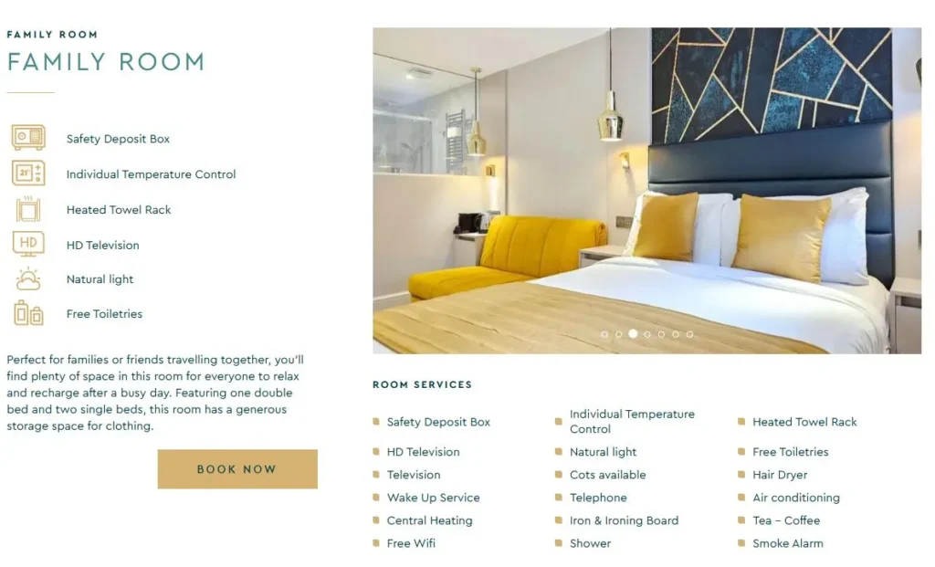 Family room description example from Nox Hotel showing clear layout, amenities, and practical features for guests