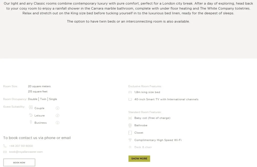 Hotel room description example from Royal Lancaster London showing detailed amenities, room size, and technical features for guests