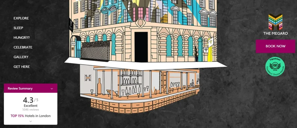 The Megaro hotel website with simple navigation, sticky booking button, and visible trust signals like reviews