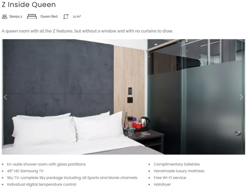 Hotel room description example from Z Hotel clearly stating no window, compact size, and essential amenities for transparency