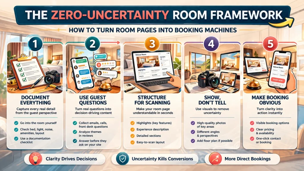 Five steps to create a high-converting hotel room description including documentation, guest feedback, structure, visuals, and booking