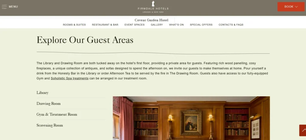 Covent Garden Hotel homepage with navigation-focused layout, guest areas overview and clear pathways to explore rooms and services
