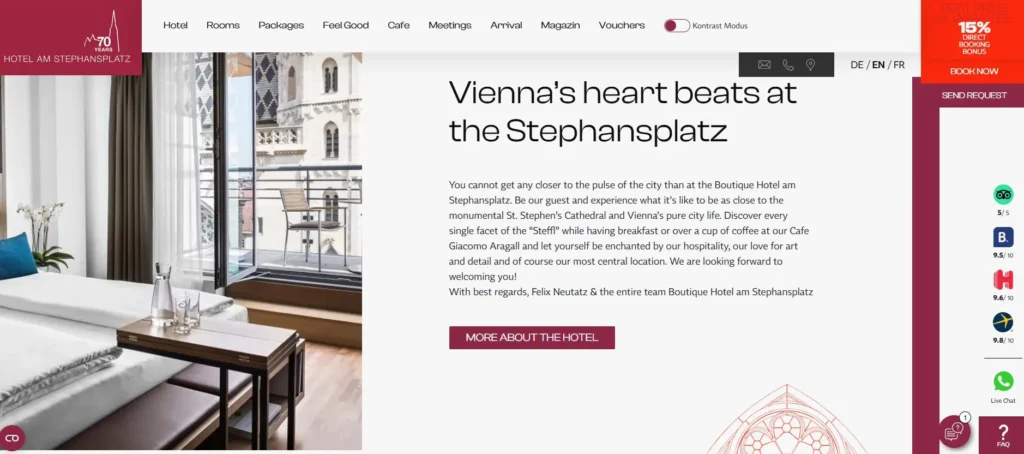 Hotel am Stephansplatz Vienna room with direct view of St Stephens Cathedral highlighting strong location-based hotel SEO positioning