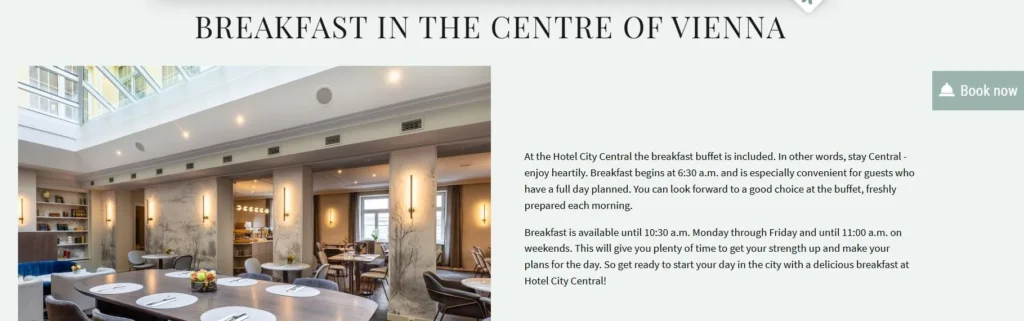 Hotel City Central Vienna breakfast page showing how detailed feature pages improve hotel SEO and attract specific search queries
