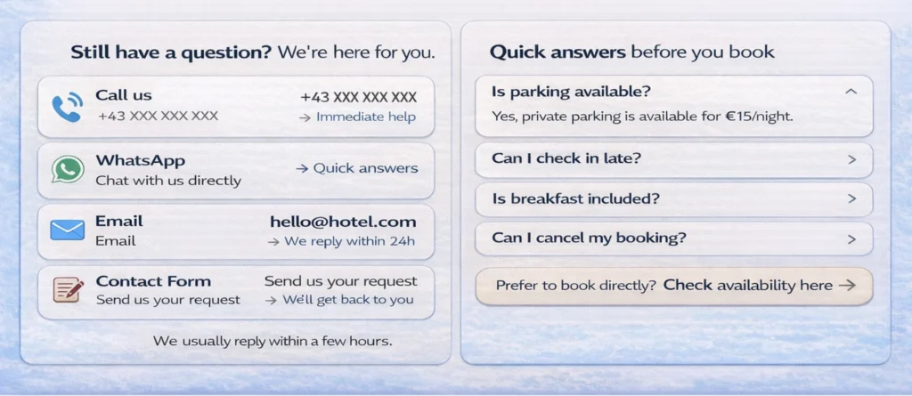 hotel contact and FAQ section with phone whatsapp email contact form and common booking questions