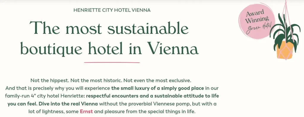 Hotel Henriette Vienna sustainable boutique hotel positioning combining eco-friendly concept and design-driven hospitality for SEO visibility