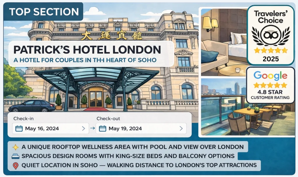 hotel homepage above the fold section with clear positioning, booking form, trust badges and key hotel highlights