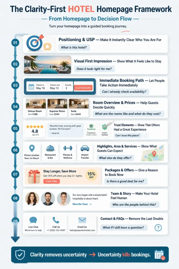 Hotel homepage framework showing 9-step booking journey from positioning and visuals to trust elements, offers and contact for direct bookings
