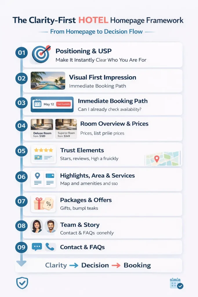 Simplified hotel homepage framework showing key steps like positioning, visuals, booking path, rooms, trust and contact in a clean UX flow