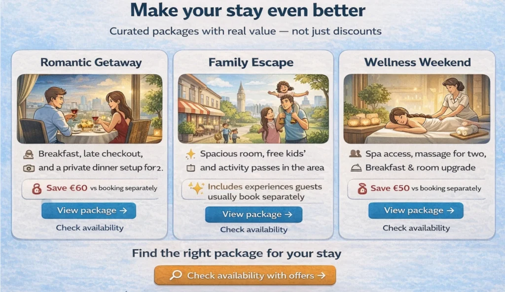 hotel packages section with romantic getaway family escape and wellness weekend offers including value and pricing