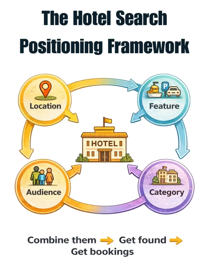 Hotel positioning framework showing four pillars: location, features, audience, and category connected to a central hotel to improve SEO, AI visibility, and direct bookings