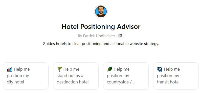 Hotel positioning GPT tool interface showing options to position city, destination, countryside, and transit hotels for SEO and AI visibility