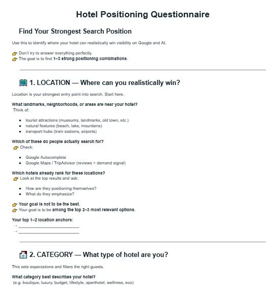Hotel positioning questionnaire template to identify location, category, features, and audience for SEO and AI search visibility